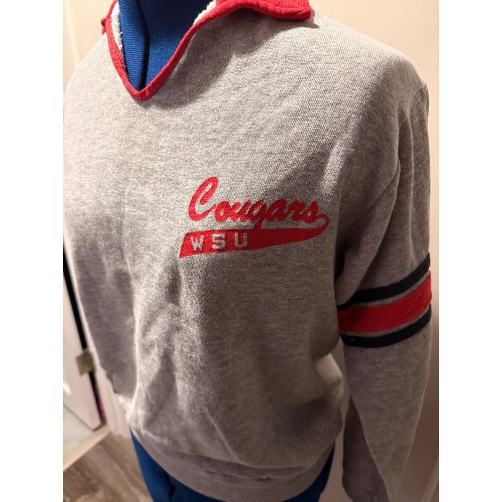 VTG Champion Grey + Red Washington State Cougars WSU Collared Pullover Top
